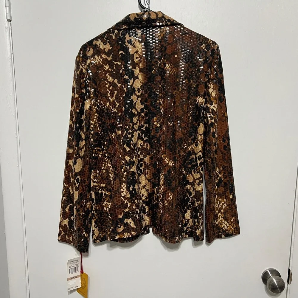 Ruby Rd Womens Snake Print Sequins Zip Up Jacket Size 12 Glitterati Gold‎ Glam